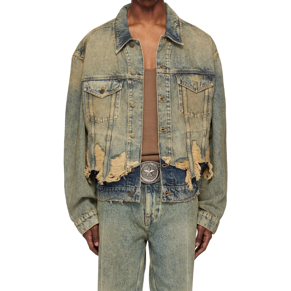 High Quality Custom Men Vintage Heavyweight Blue Washed Distressed Sandblast Denim Jacket Layered Ripped Jean Trucket Jacket