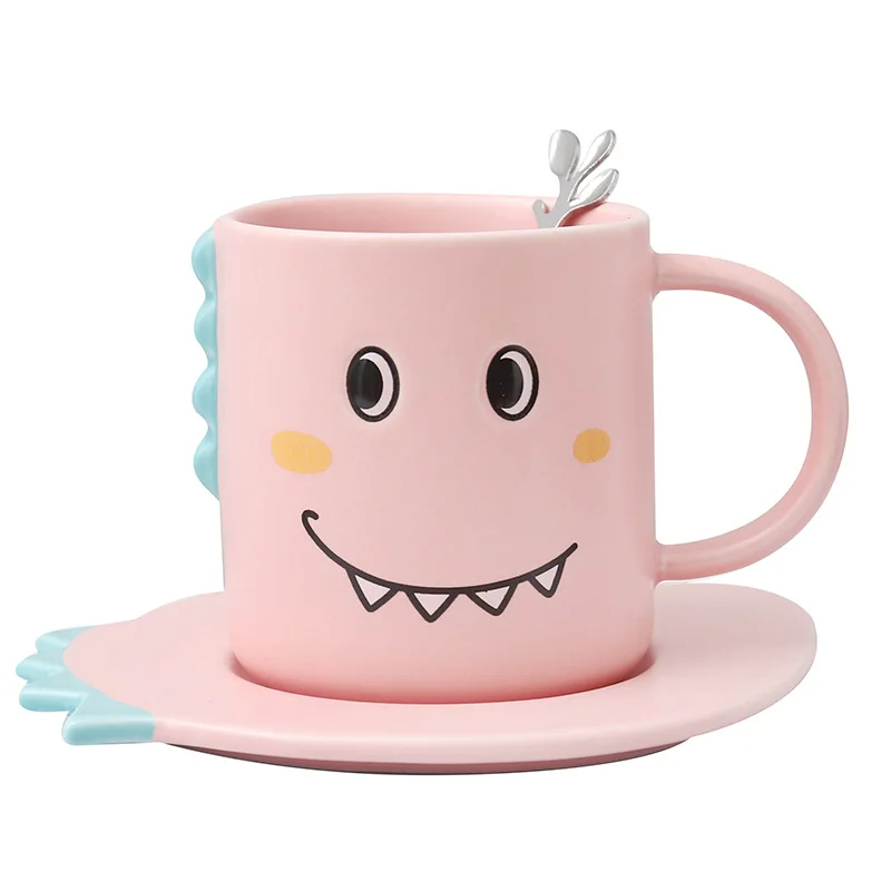 Cartoon cute dinosaur children ceramic cup and saucer set small fresh breakfast couple cup funny expression mug