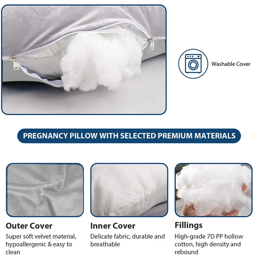 3 in 1 Pregnancy Pillow Soft Velvet Pillowcase U Shape Maternity Belly Pillow for Pregnant Women and Side Sleeper