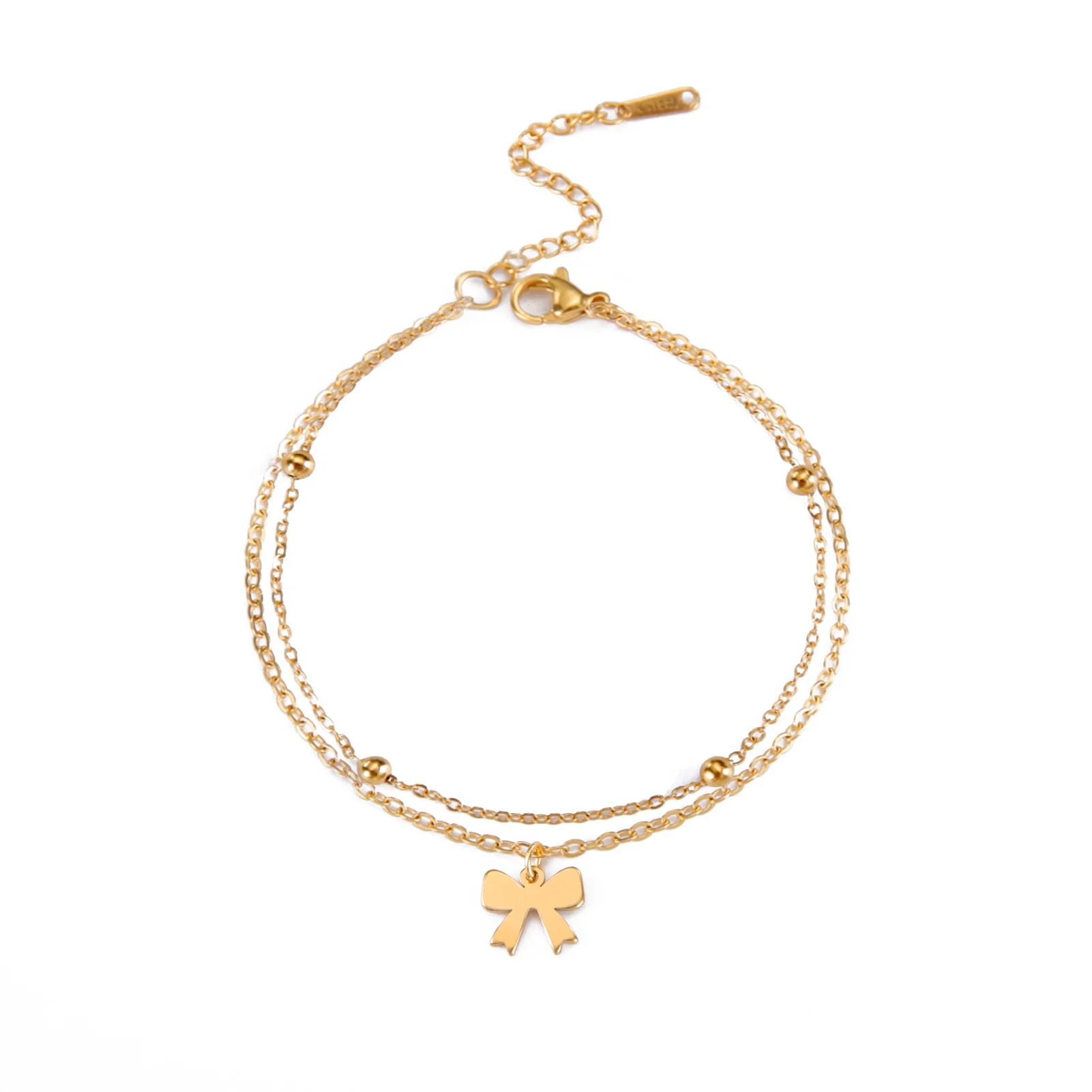 Bow Knot Charm Bracelet Double Layer Beads Chain Bracelets Minimalist Bow-tie Stainless Steel Jewelry Gift for Women