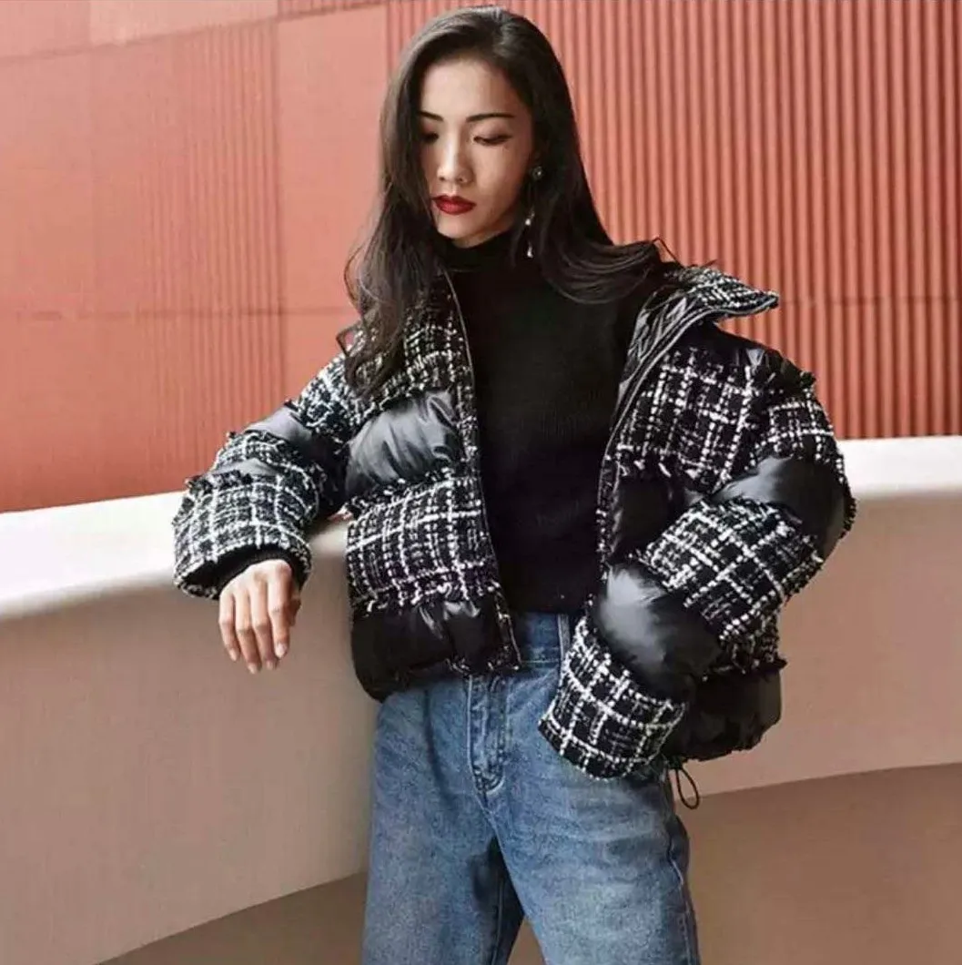 women winter jacket tweed fabric polyester down filling