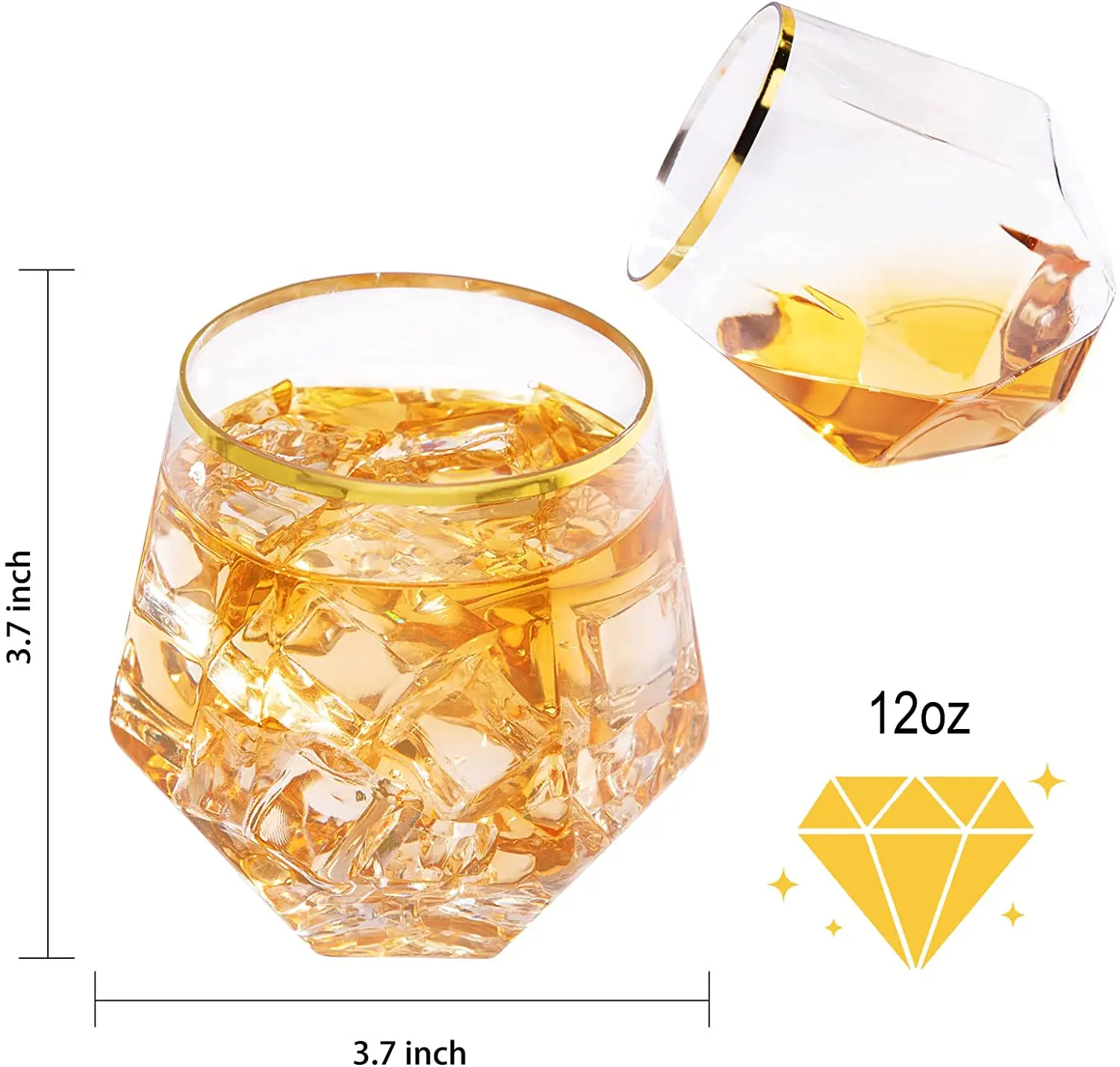 Gold Diamond Shaped Plastic Stemless Wine Glasses Disposable 12 Oz Clear Plastic Whiskey Glasses for Birthday, Weddings