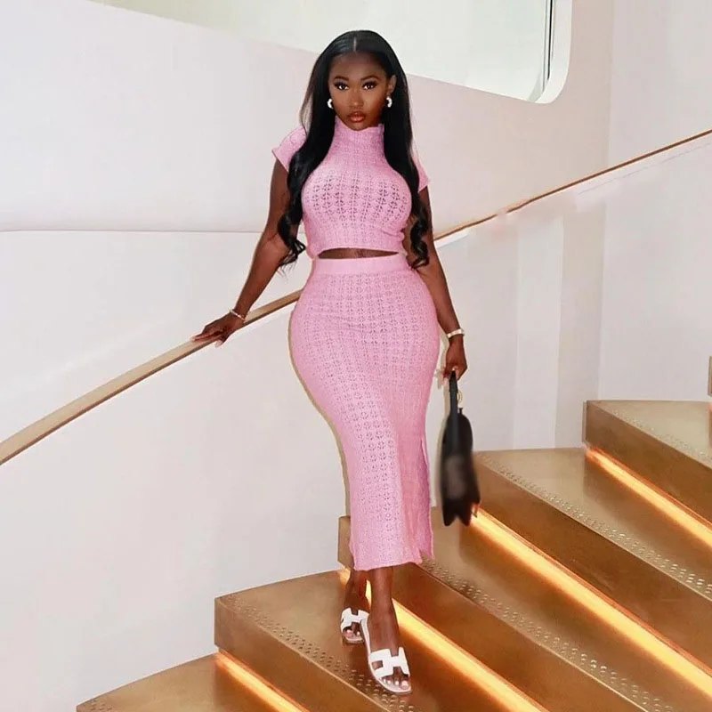 Hot Sale Pink Turtleneck Short Sleeve Crop Top Matching Sets Slit High Waist Pencil Skirt Casual Women Two Piece Set