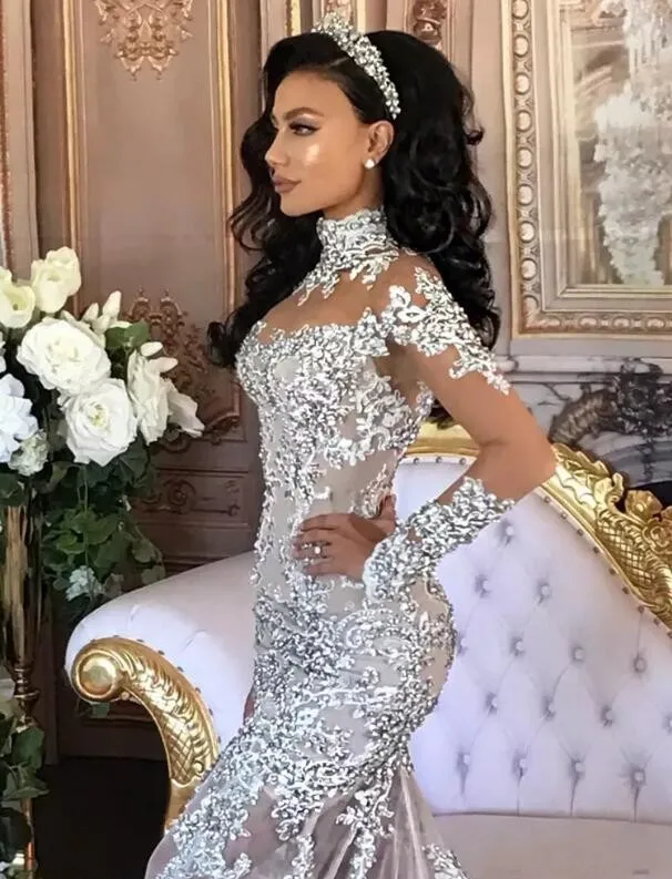 Wedding Apparel & Accessories Luxury Sheer Long Sleeve Mermaid Wedding Dresses 2022 Major Beading with Appliques High Neck Cour