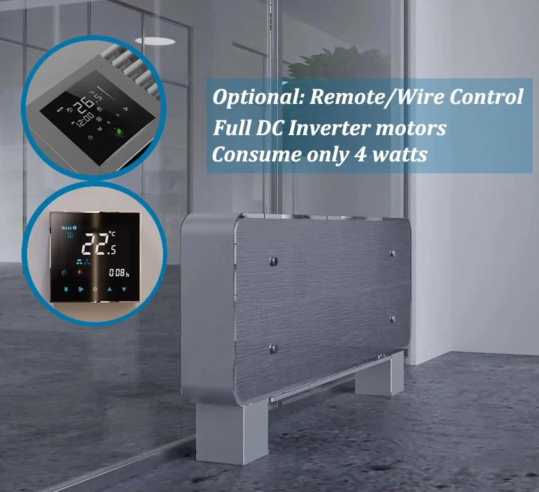 Super Thin Hydronic Fan Coil Heating & Cooling Water Radiator 12cm Thickness with Dc Inverter Motor 115V/60HZ Glass Panel