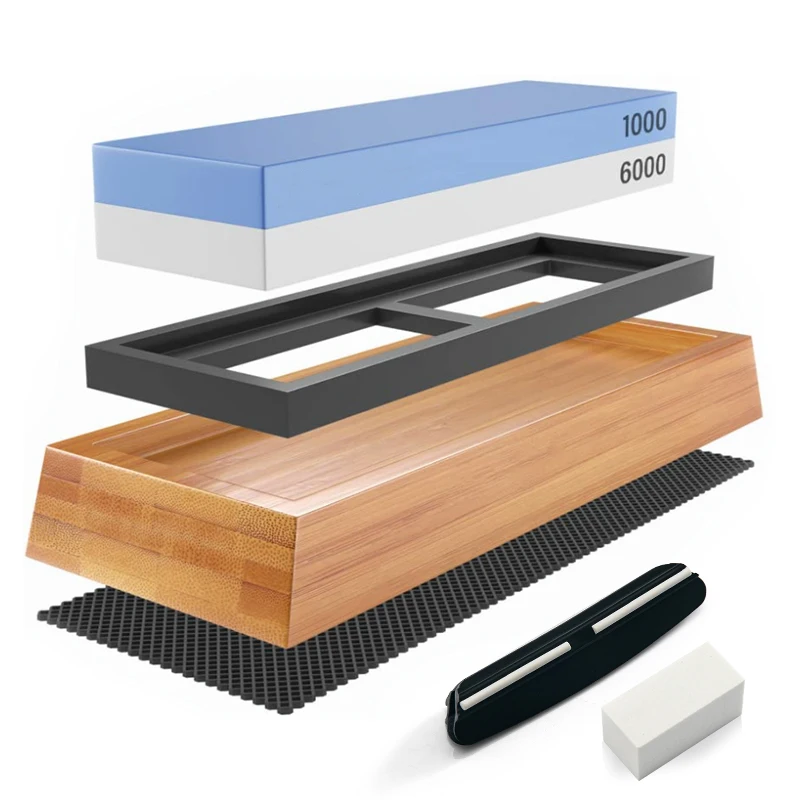 Точильный камень для ножей, нескользящий точильный камень с бамбуковой основой, точильный камень с зернистостью 1000/6000, направляющая под углом, полировальная/хонинговая смесь
