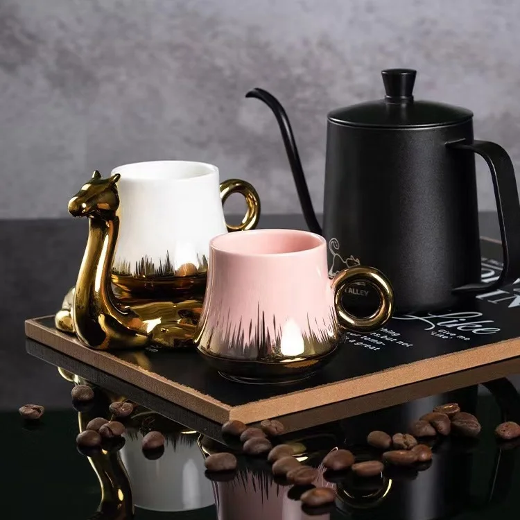 YABEICHU creative 6 cup 6 saucer 120ml ceramic electroplated tea coffee cup and saucer set with gift box