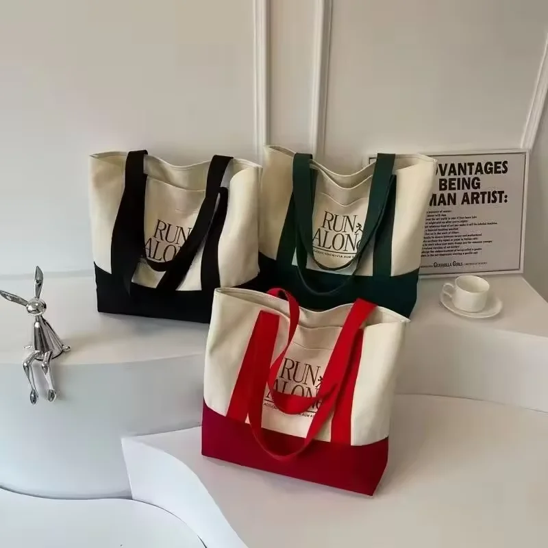 Custom Printed Logo Structured Sustainability Tote Bag Organic Black Cotton Color Gift Shopping Bag with Outside Pocket