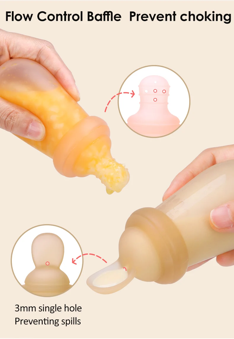 Custom 2 in 1 Newborn Gift Set Squeeze Juice Rice Paste Food Dispensing Silicone Kid Feeding Spoon Baby Bottle With Spoon