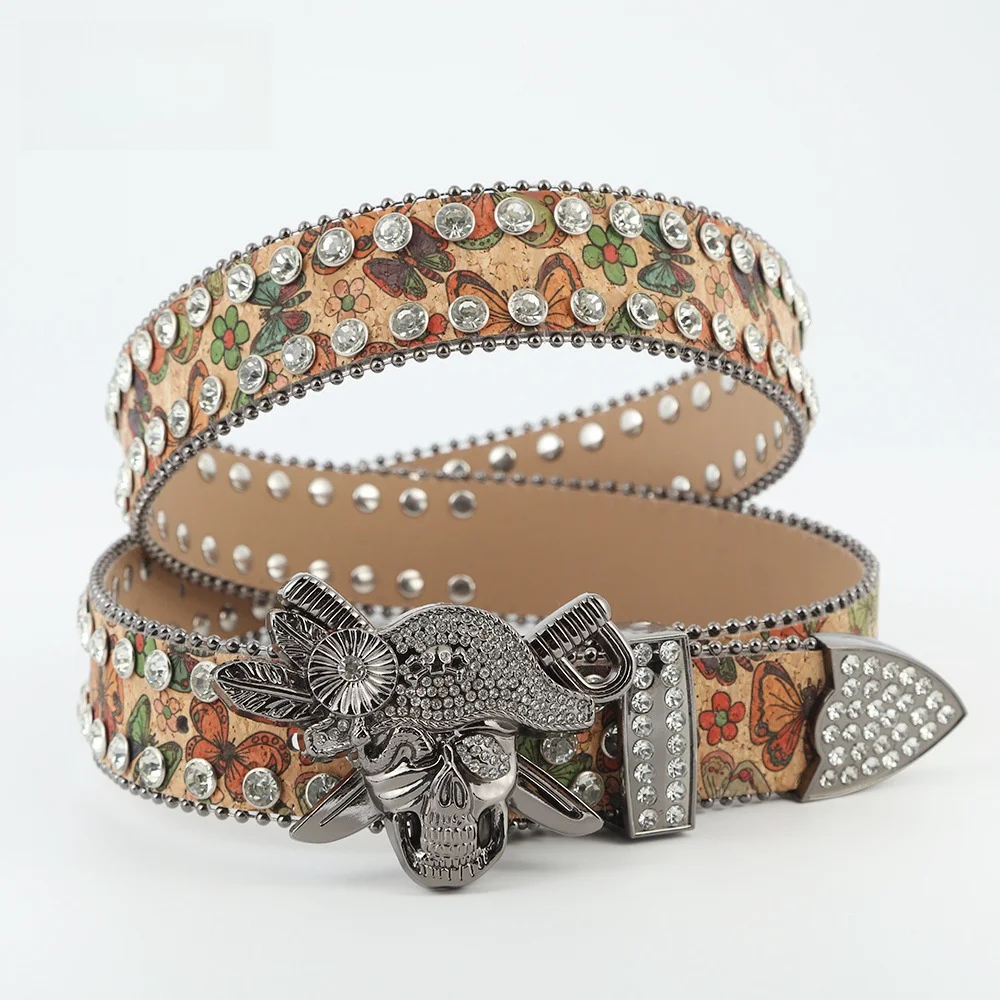 Wholesale Punk Style Skull Buckle Sparkly Rhinestone Bling Bling Cowgirl Belt Big Size BB Simon Diamond Studded Belt