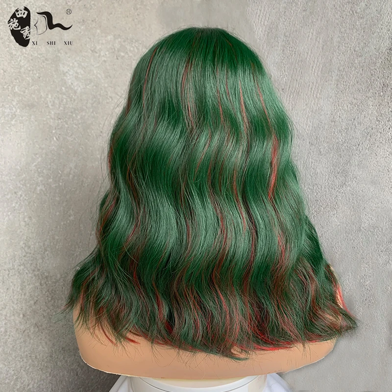 Short Natural Wavy Green Red Bob Wigs For Women Shoulder Length Cruella deville Synthetic Hair Halloween Costume Cosplay Wig