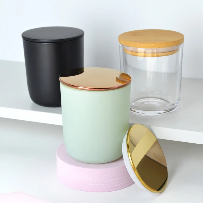 Luxury Customize Red Color  Round Bottom Glass Candle Jar With Wood Lid For Candles