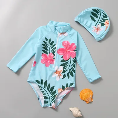 New Fashion Girl Child Swimwear One Piece Swimsuit Designer Soft Warm Long Sleeve Swimsuit for Children