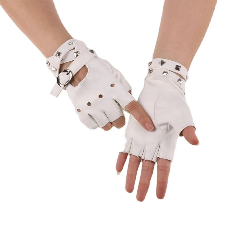 Women Girls Punk Rivets Half Finger Gloves Faux Leather Performance Costume Fingerless Gloves