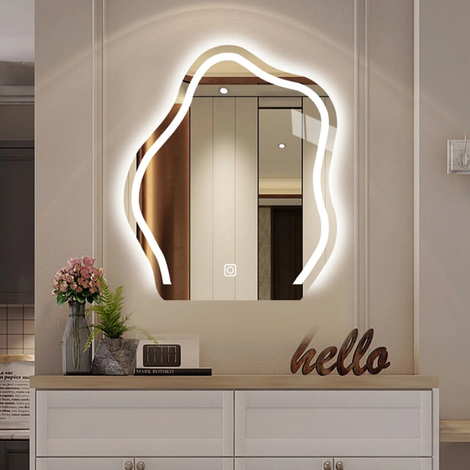 Custom Hot Selling Touch Led Light Smart Bathroom Mirror Irregular Backlit Wall Mirror  Bathroom Makeup Mirror for Hotel