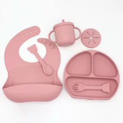 Custom 2 In 1 Snack Container Baby Cup Soft Silicone Snack And Drink Cup for Baby bib Suction plate bear spoon fork Silicone