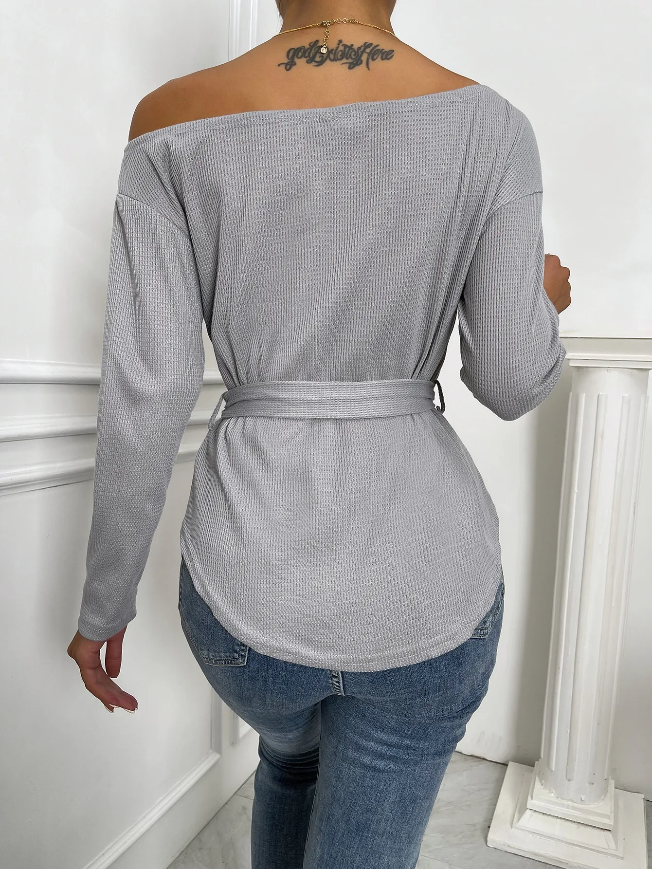 Spring Fall Sexy Asymmetrical Neck Belted Tee Drop Shoulder t-Shirts Knitted Pullover Woman Waffle t-Shirt With Waist Belt