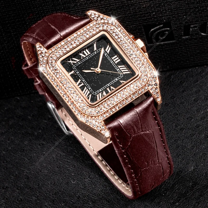 Hot Sale Brown Leather Strap Rose Gold Square Shape Design Alloy Wrist Luxury Girl Women Lady Watch with Big White Diamond Face