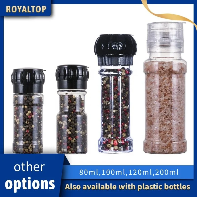 Wholesale 100ml Small Glass Spice Packing Bottle 3oz Ceramic Pepper Mill and Plastic Salt Grinder Lid Manual Grinding