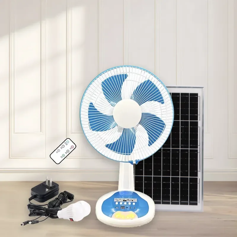 12v AC DC Solar Rechargeable Fan Bluetooth Speaker Radio 12 inch Table Fan with Solar Panel and LED Light for home and outdoors