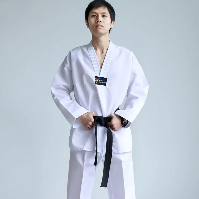 White Taekwondo Uniform Training Martial Arts Suits Embroidery Uniforms Poomsae Dobok WTF Approved Size 110-180
