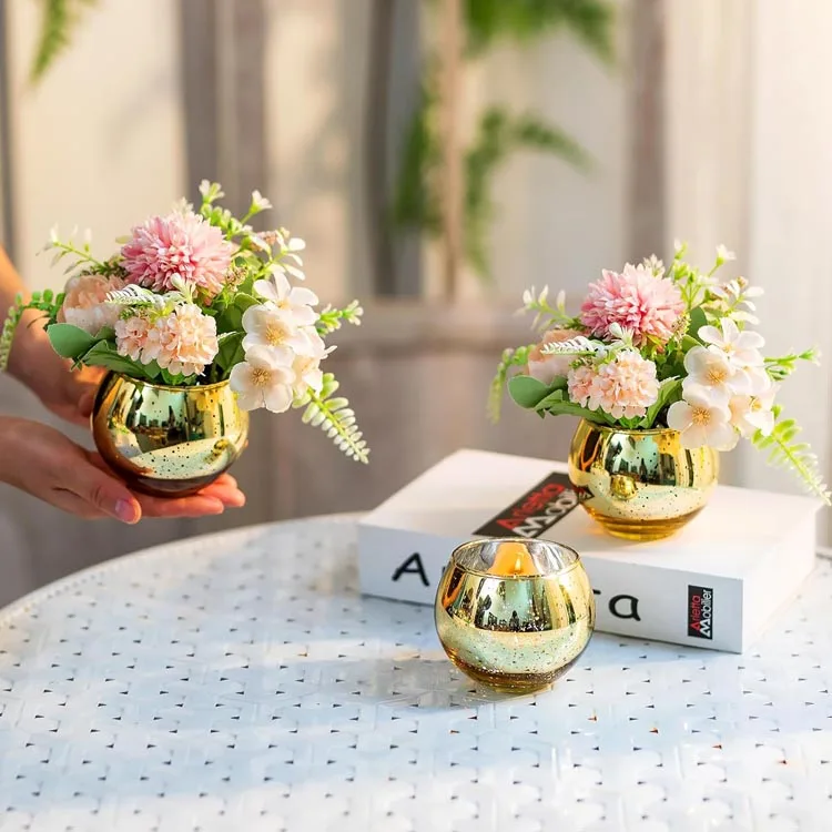 Wholesale Gold Small Glass Bud Vase Sparkling Round Glass Vase for Flowers Bar Table Centerpiece Home Decoration