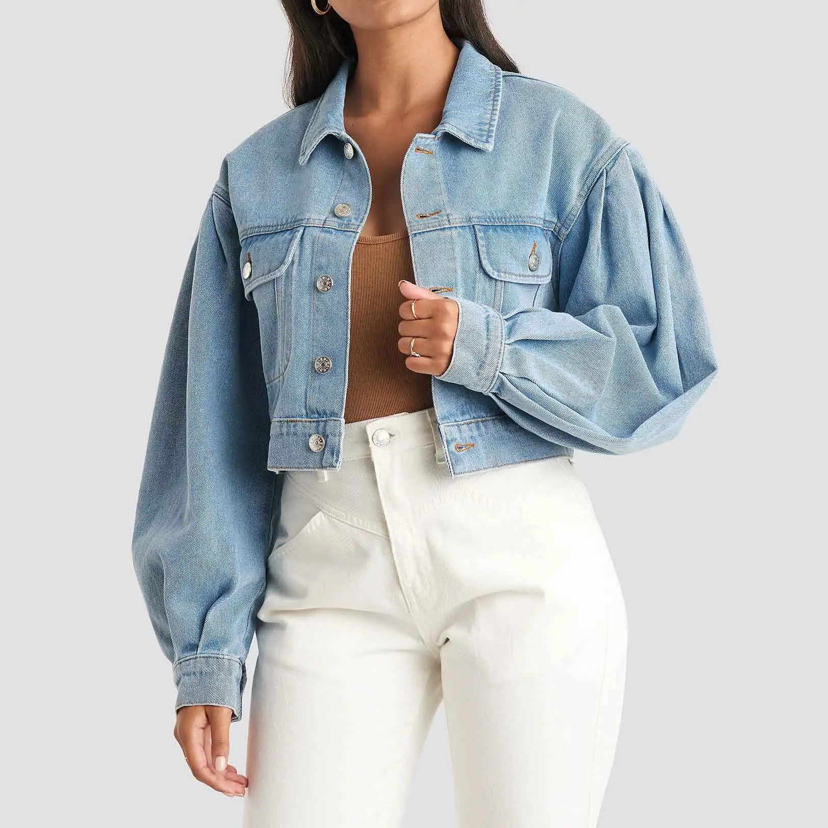 
Women custom long sleeve single-breasted short classics blue jeans jacket 