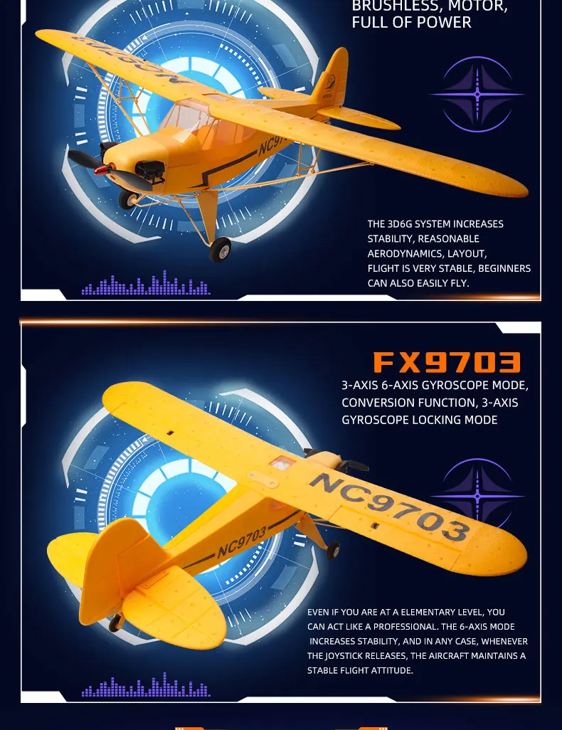 Newest FX9703 Remote Control Aircraft Model J3 Brushless 4CH Six-Axis Stabilized 3D Fixed Wing RC Airplane Glider Yellow Color