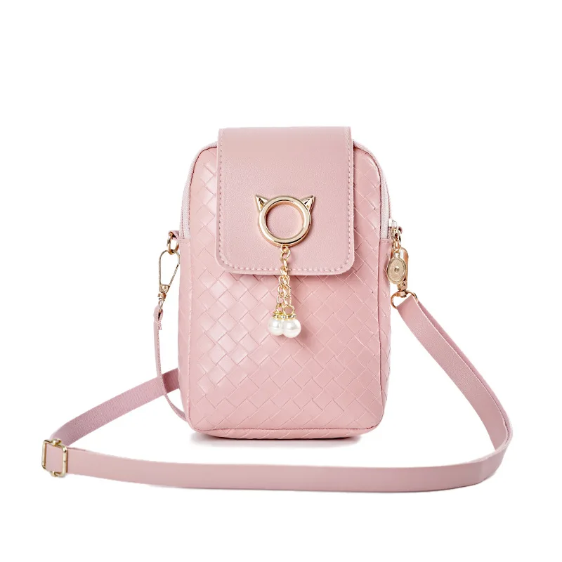 New PU Leather Square Mobile Phone Bags Fashion Women Long Pearl Pendant Wallet Shoulder Crossbody Bag Purse
