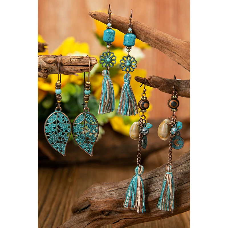 Fashion Bohemian Beaded Leaf Floral Hollow Out Women Tassel Earrings Set