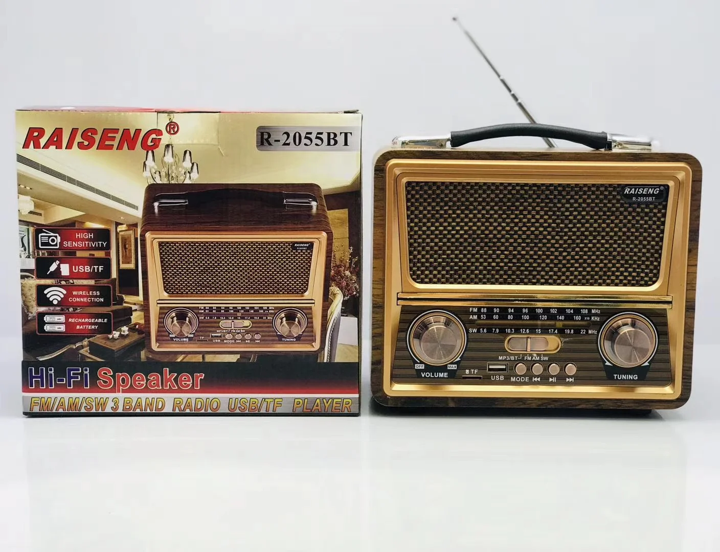  RAISENG R-2055BT FM AM SW 3 диапазона винтажное Ретро Радио перезаряжаемое радио с USB SD TF MP3-плеер
