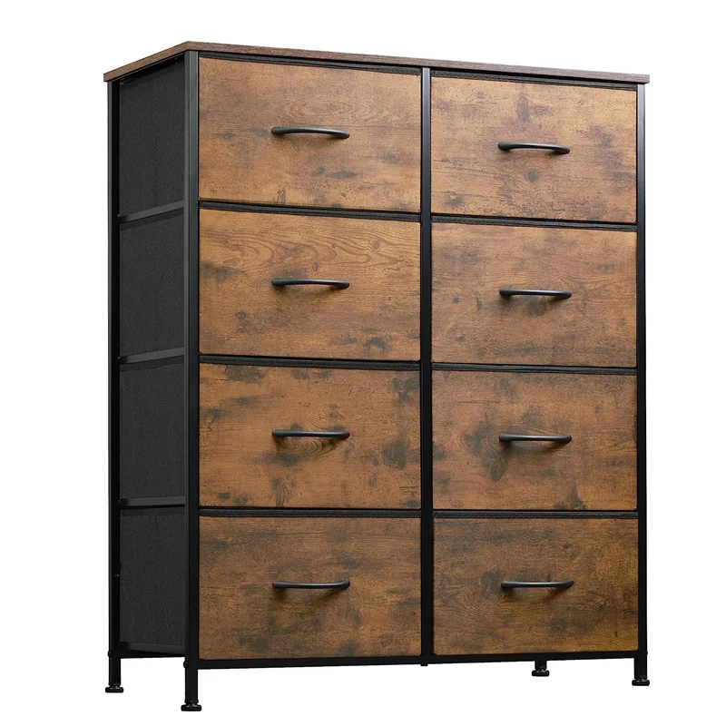 Wood Double Dresser Chest  With 8  Fabric  Drawers for Living Room Rustic Brown