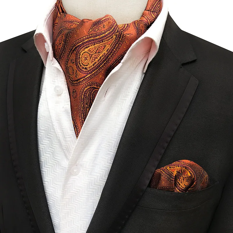 Men Retro Jacquard Paisley Design Scarf Self Necktie Cravat Polyester Fabric Ascot Tie And Matching Pocket Square
