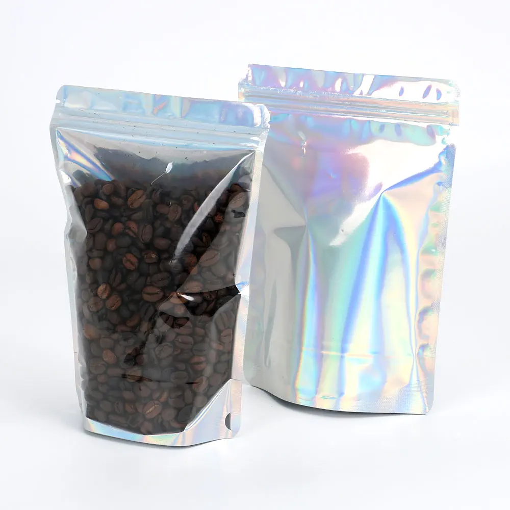 High quality holographic zip lock mylar one side transparent reusable stand up pouches for clothing underwear packaging