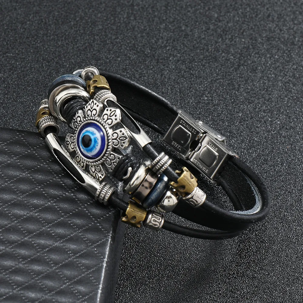 High Quality Punk Braided Wrap Leather Bracelet Handmade Beads Bracelet Men Luxury Silver Metal Tube Multilayer Leather Bracelet