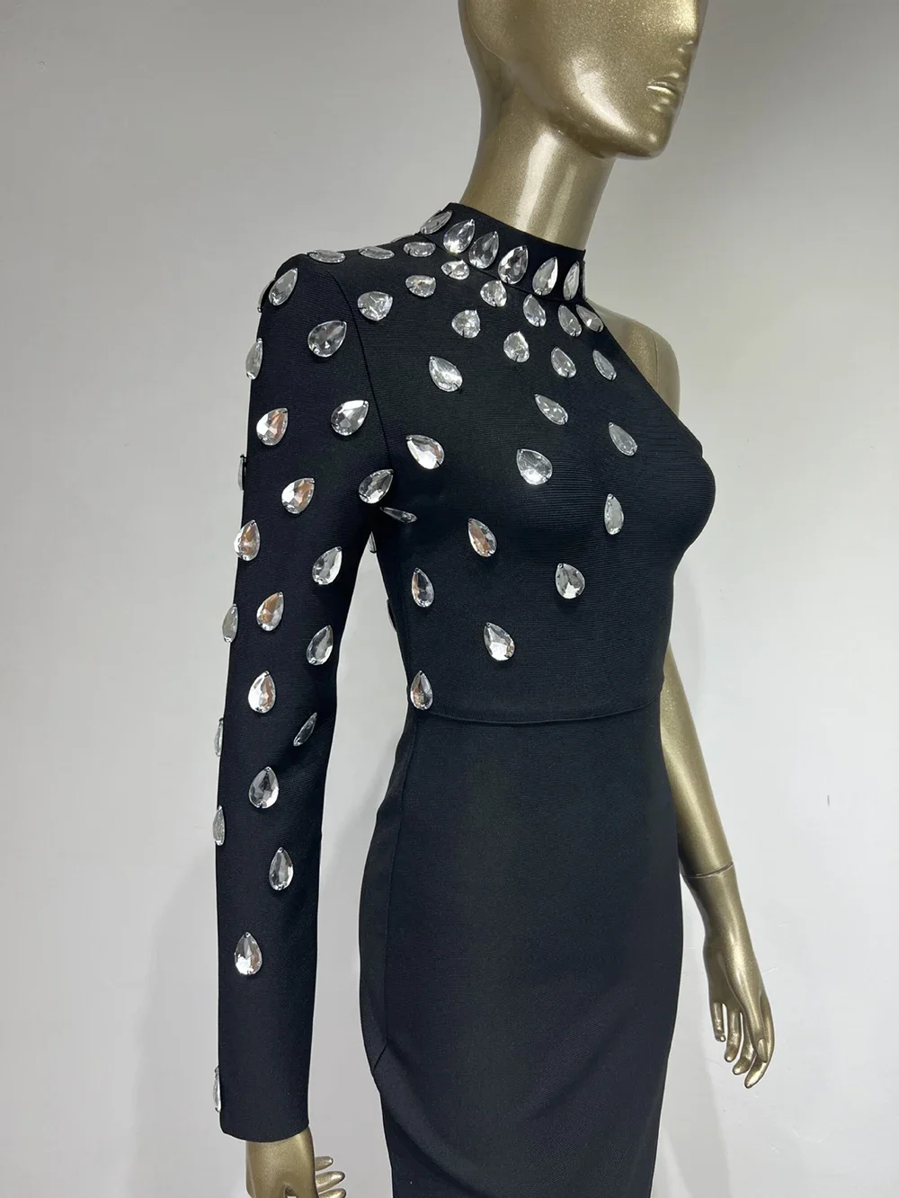 One off Shoulder Luxury Black Rhinestone Diamond Evening Bandage Para Mujer Celebrity Party Wholesale Women Dress Vestido Outfit