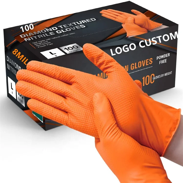 8 mil disposable automobile industrial orange  nitrile  garage duty car repair use heavy mechanical  chemical proof gloves
