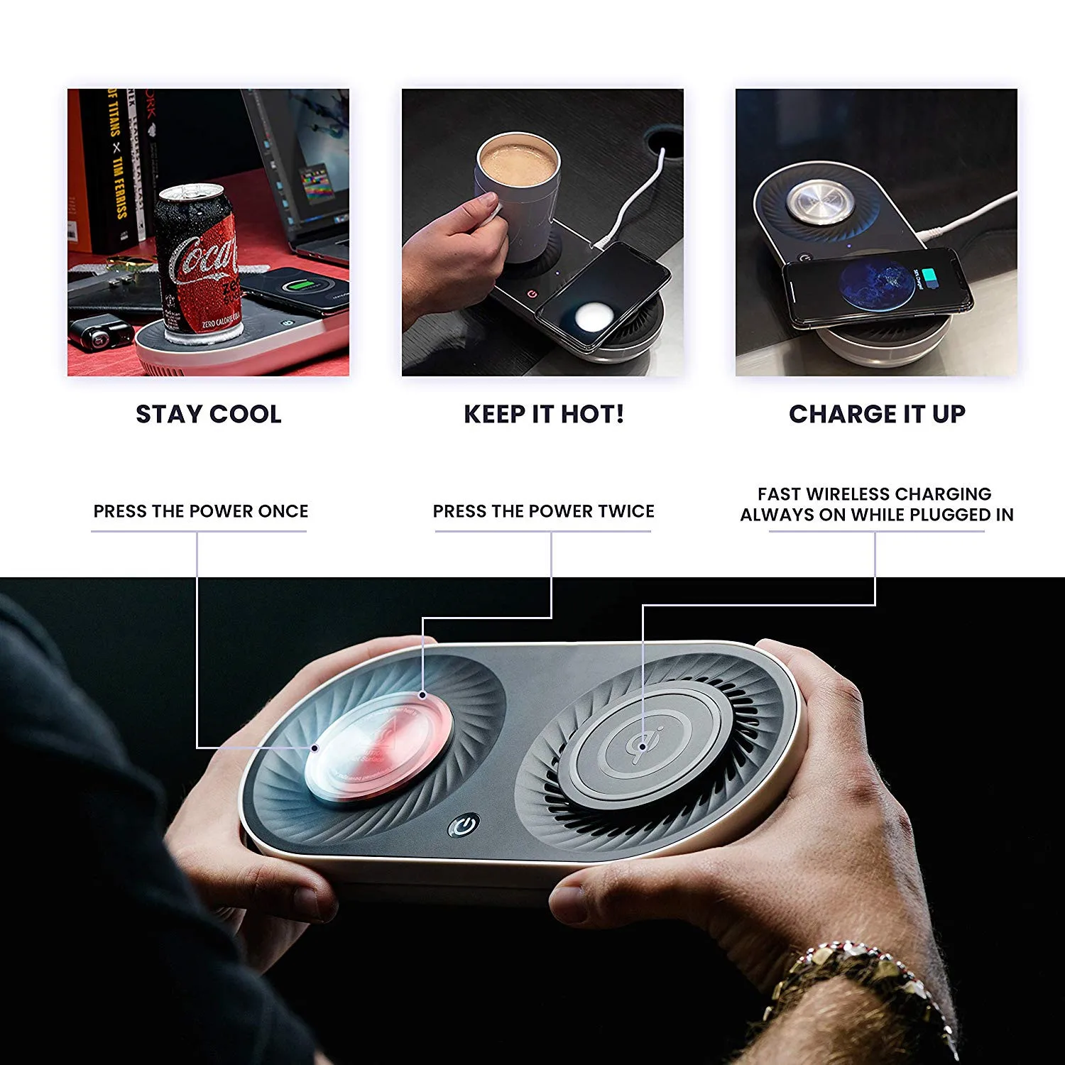 Smart coffee mug heating cooling for desk with wireless phone charging