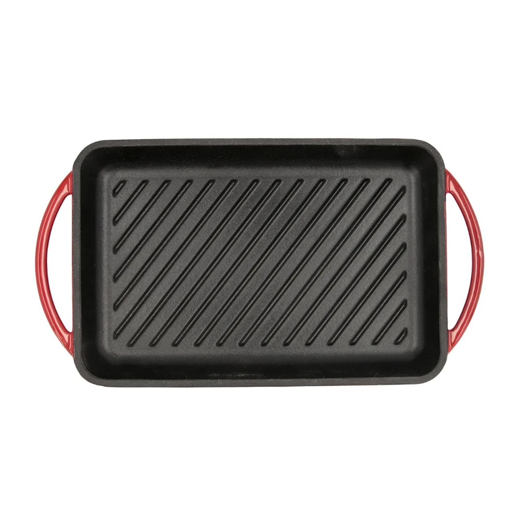 kitchen non stick rectangle enameled cast iron rectangular stove top bbq griddle plate grill pan with two handles