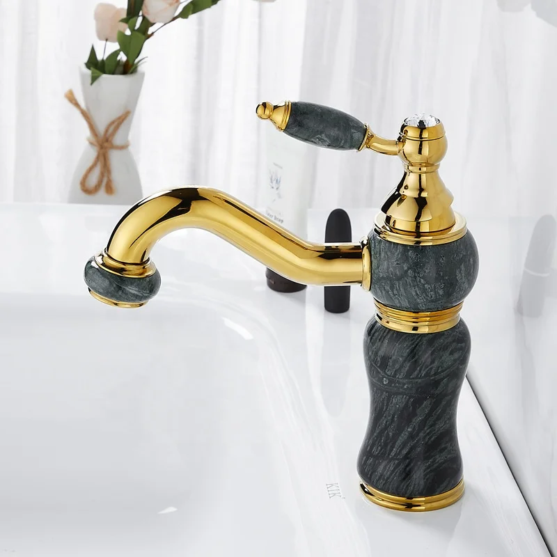 brass body gold plated bathroom basin mixer dark green jade wash basin tap