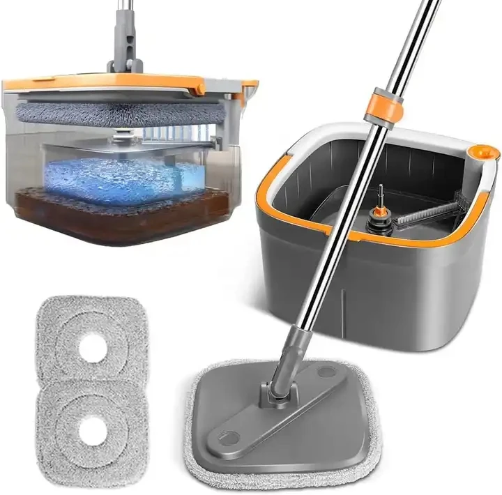 360 Spin Flat Floor Microfiber Easy Drain Home Cleaning Mops Hand Free Rotating Round Squeeze Mop With Bucket