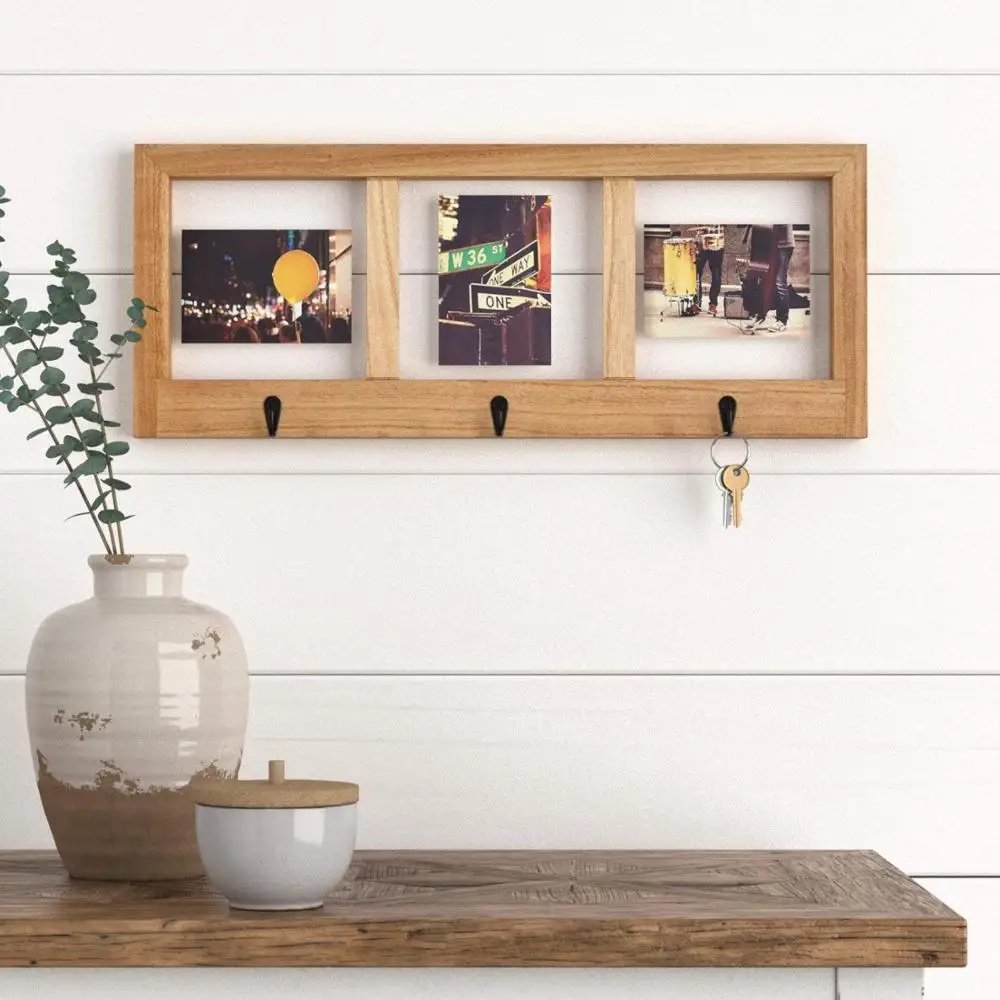 Rustic Wall Mounted Wooden Picture Frame with Metal Key Hook.