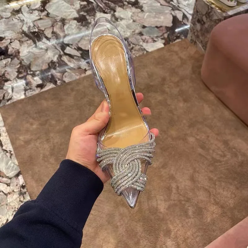 New Design Transparent High Heel Sandals Cross Rhinestone Heels Spring And Summer High Heel
