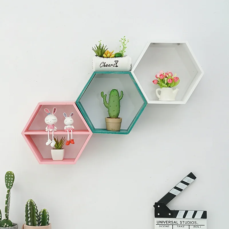 Triangular Home Decor Geometric Hanging Storage Shelf Wooden Metal Iron Art Fhexagonal Floating Shelves Wall Mounted Set of 6/