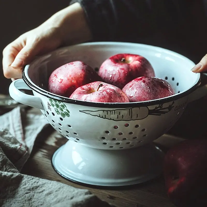 2022 novelty marble pattern fruit basket storage food bowl custom color plain blank metal steel enamel colander