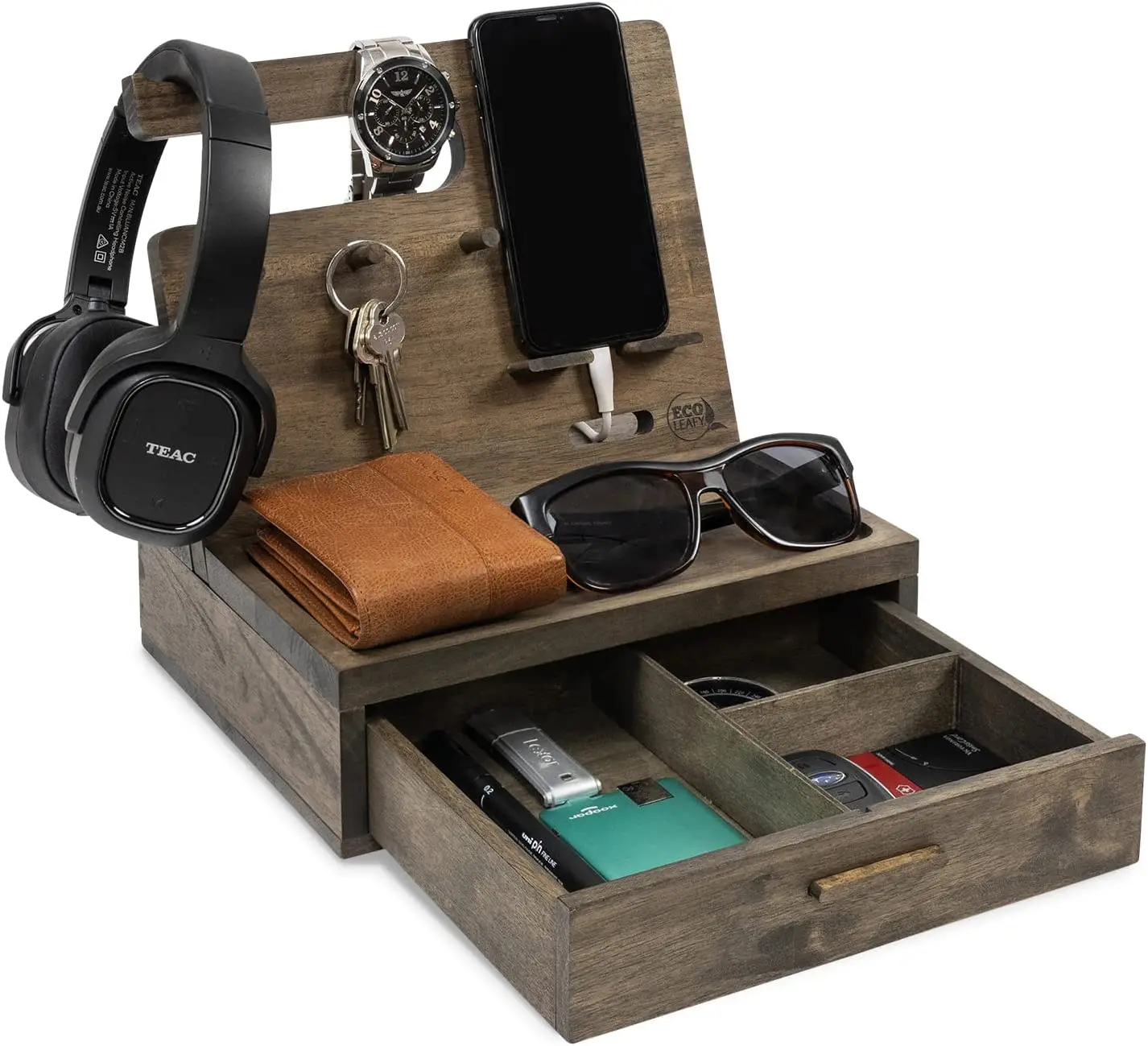 Wood Charging Station Organizer Wood Charging Station With Drawer Storage