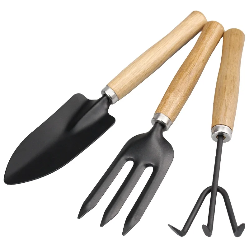 Mini gardening three sets wooden handle rake shovel hoe garden tool set