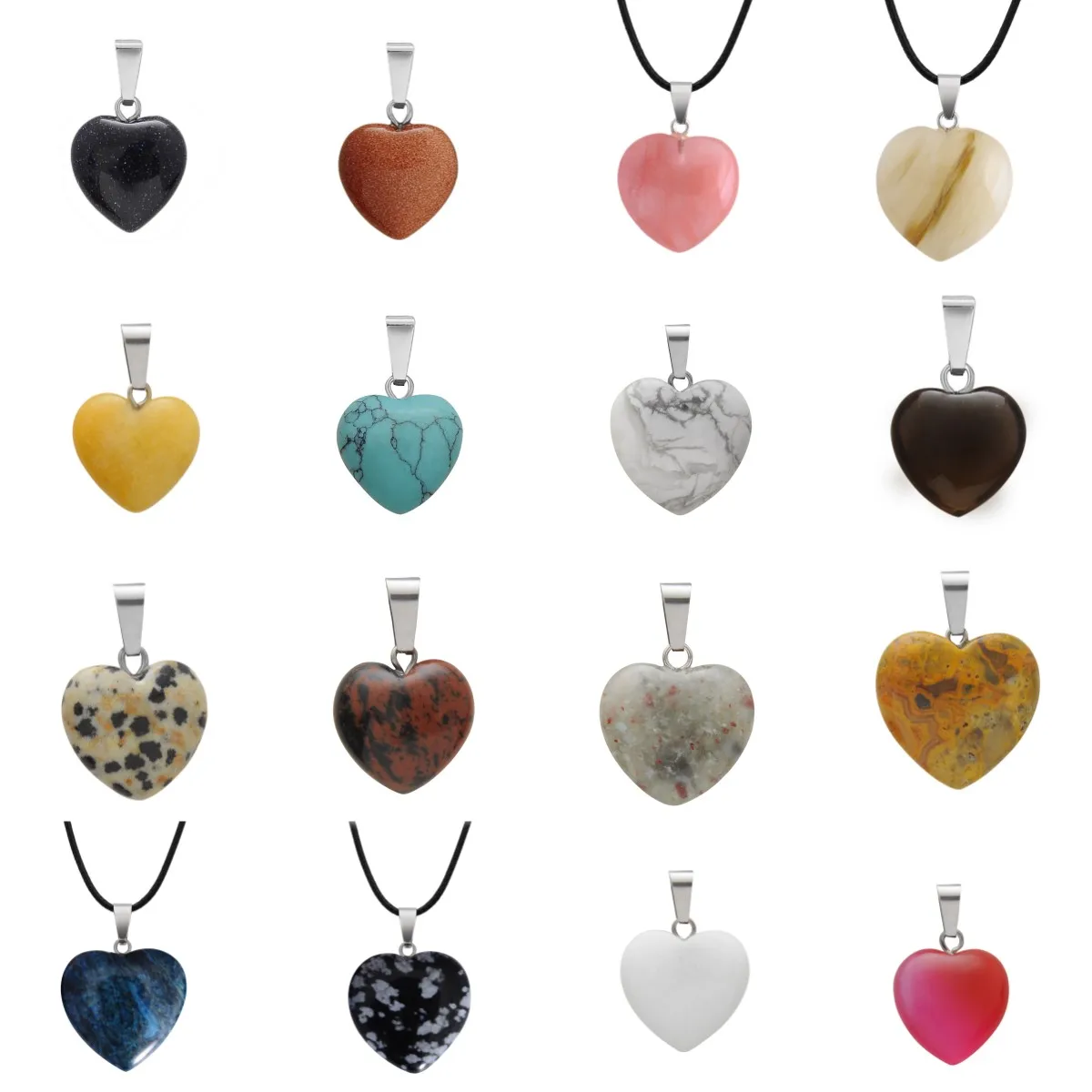 47 Multi Color Healing Chakra Beads Gemstone Opal Tiger Eye Crystal Quartz Gemstone Love Heart Shape Stone Pendant Necklace