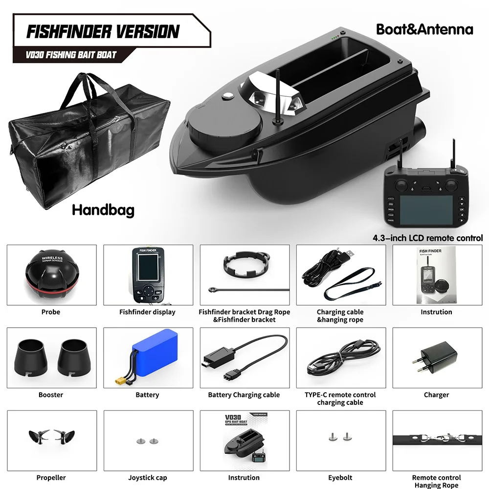 2024 Flytec New V030 RC Fishing Bait Boat 6.6LBS Loading Capacity Auto Sailing 180 Points GPS Boat With Fish Finder Sonar