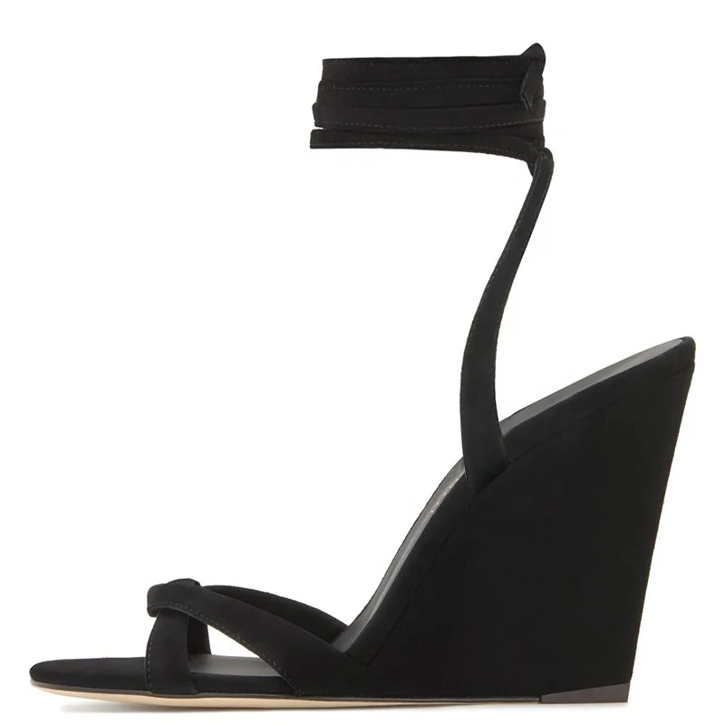 Plus Size Summer Women Black Lace up Wedge Sandals Wedge High Heel for Women and Ladies Shoe Customized Lace Up Wedge Sandals
